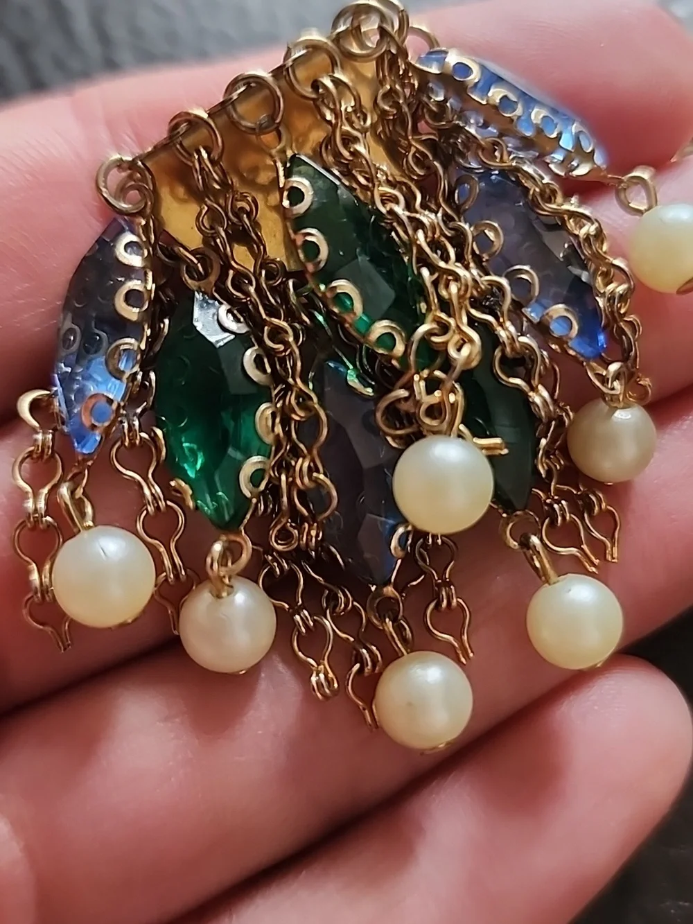 VTG Gold-Tone Pearl Clip Earrings with Blue and Green Crystal Accents - Picture 7 of 9